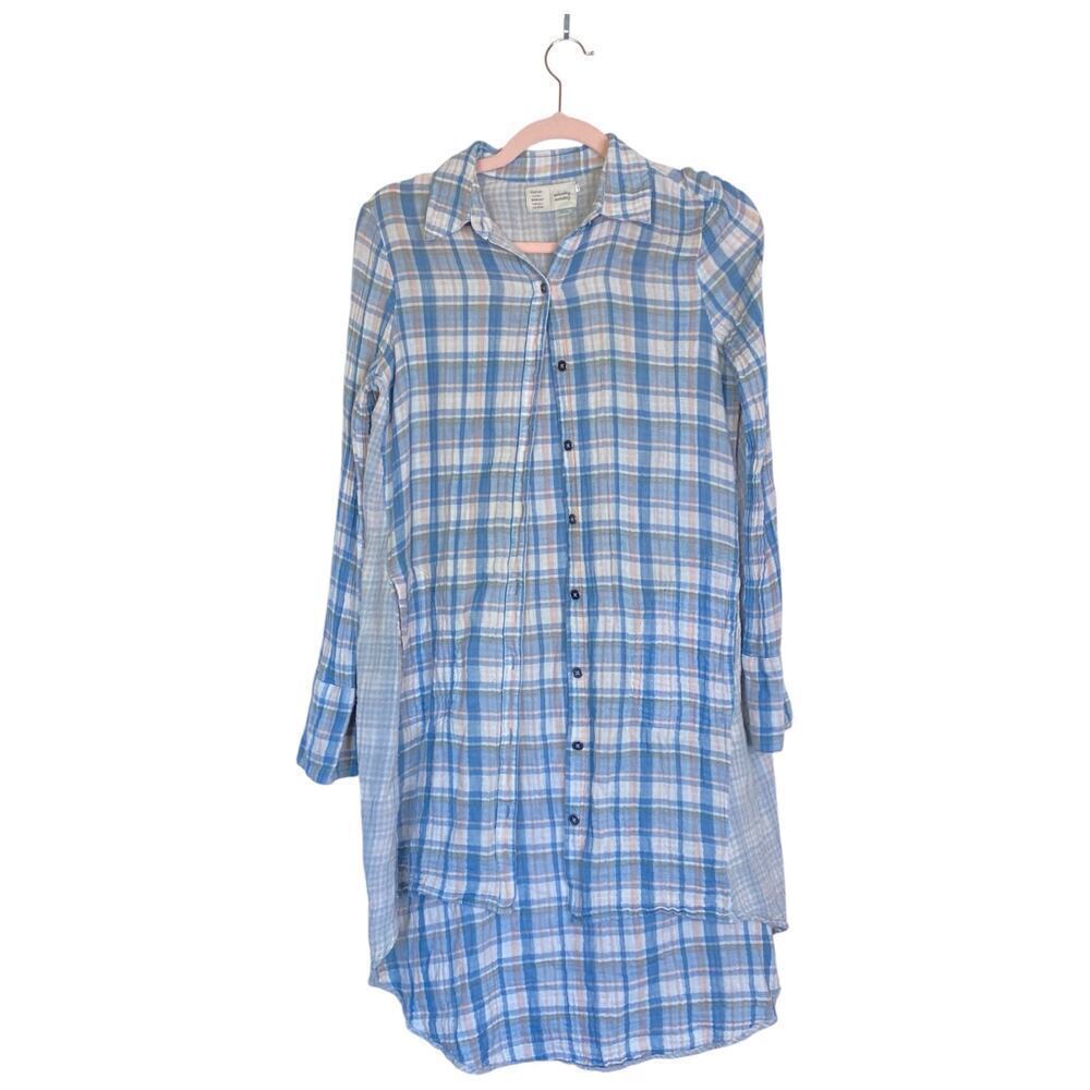 ANTHROPOLOGIE Saturday Sunday Gauze Cotton Blue Plaid Button Up Shirt Dress XS